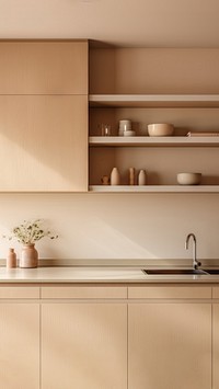 photo of Japandi kitchen room interior with a cozy beige kitchen counter. AI generated Image by rawpixel.