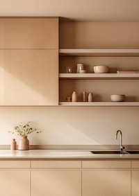 photo of Japandi kitchen room interior with a cozy beige kitchen counter. AI generated Image by rawpixel.