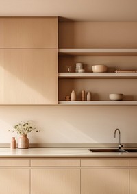 photo of Japandi kitchen room interior with a cozy beige kitchen counter. 