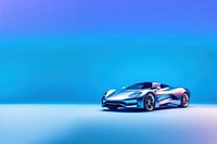 photo of metalic blue sport car, isolated on solid color background. 