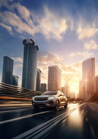 Photography of MPVcar driving on city road background. 