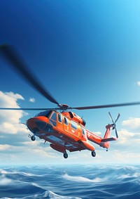 3d render of a rescue chopper flying over the sea, cartoon animation style. 