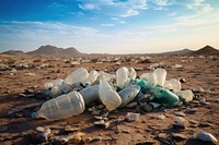 Two crushed plastic bottles garbage desert tranquility. 