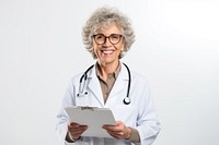 Senior woman doctor glasses adult white background. 