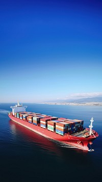 Aerial view of a large, heavily loaded container cargo ship. 