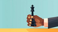 flat illustration of a black businessperson hand holding king chess piece. 