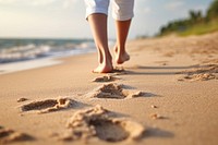 Human footsprint on sand beach in summer,. 