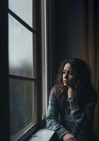 image of sad person looking out window. 