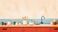 Minimal and simplified kitchen scene, children's book illustration style. 