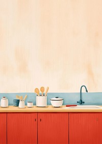 Minimal and simplified kitchen scene, children's book illustration style. AI generated Image by rawpixel.