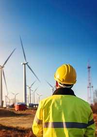 photo of wind turbine worker checking installation. 