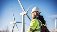 photo of wind turbine worker checking installation. 