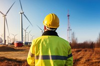 photo of wind turbine worker checking installation. 