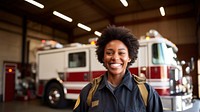 Firefighter standing vehicle smiling. 