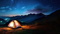 Photo of a tent, in a grass land, moutain in the background, at night, sky full of stars. 