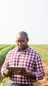 Photo of Black American farmer with digital tablet in potato field. 