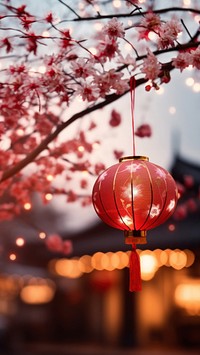 photo of chinese new year lantern, blurred new year's firework in background. 