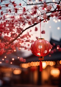 photo of chinese new year lantern, blurred new year's firework in background. 