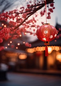 photo of chinese new year lantern, blurred new year's firework in background. 