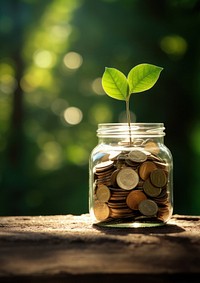 photo of coins in a mason jar, with a small sprout. 