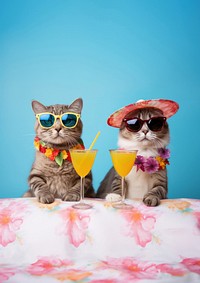 photo of cute cats wearing glasses drinking cocktail from the same glass. 