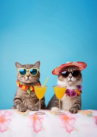 photo of cute cats wearing glasses drinking cocktail from the same glass. 