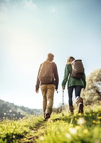 photo of hiking couple set off across hillside meadow. 