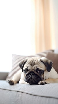 Photo of pug dog lying on a pillow in living room. 