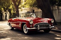 photo of red vintage car isolated on off white background. 