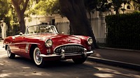 photo of red vintage car isolated on off white background. 