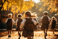 Students running walking autumn child. 