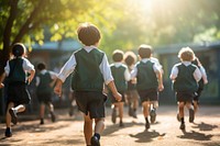 Students running walking child togetherness. 