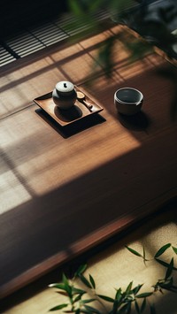 Minimalist tea set on wooden table, featuring a teapot and cup. Warm sunlight and shadows create a serene atmosphere. Perfect for tea lovers and minimalist decor.