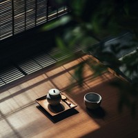 A serene tea set on a wooden table with soft lighting. Tea set includes a teapot and cup. Wooden table and tea set create a calm, peaceful atmosphere.