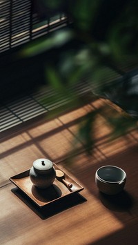 Sunlit tea set with teapot and cup on wooden table. Warm sunlight casts shadows on the tea set. Elegant tea set creates a peaceful, cozy atmosphere.