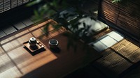 Serene tea room with wooden table, sunlight casting shadows. Peaceful tea setting, wooden accents, and calming shadows create a tranquil tea room atmosphere.