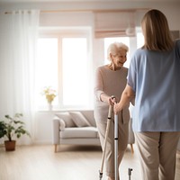 Senior woman using walking cane. 