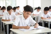 Teenage boys writing classroom student concentration. 