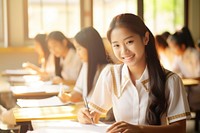 Teenage girls writing classroom student architecture. AI generated Image by rawpixel.