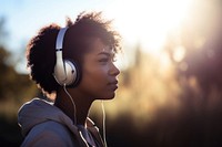 Woman wearing headphones. 