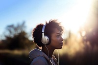 Woman wearing headphones. 