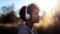 Woman wearing headphones. 