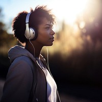 Woman wearing headphones. 