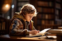 Young boy student reading writing child. 