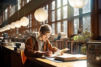 Young student reading publication library. 