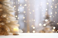 Empty white table top christmas abstract lighting. 