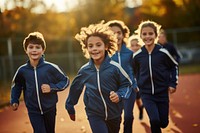 Students wearing Gym clothes running outdoors togetherness. 