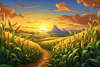 Sunset cornfield landscape agriculture grassland. 