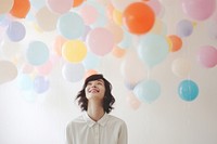 Woman with colorful balloons, happy photo. 