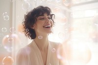 Happy woman in bubble filter photo. AI generated image by rawpixel.